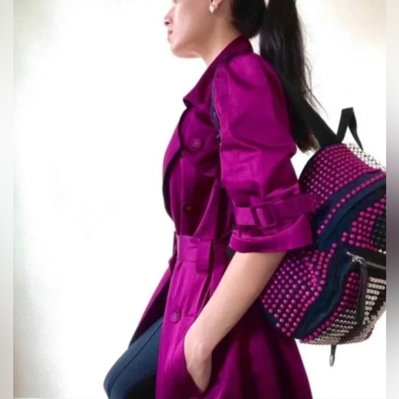 NWT ELLE Satin Trench Coat Dress in Magenta - Picture 3 of 10